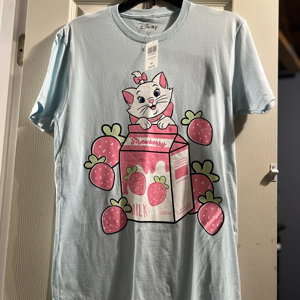 Disney BoxLunch Light Blue T-Shirt with Marie and Strawberry Milk Design